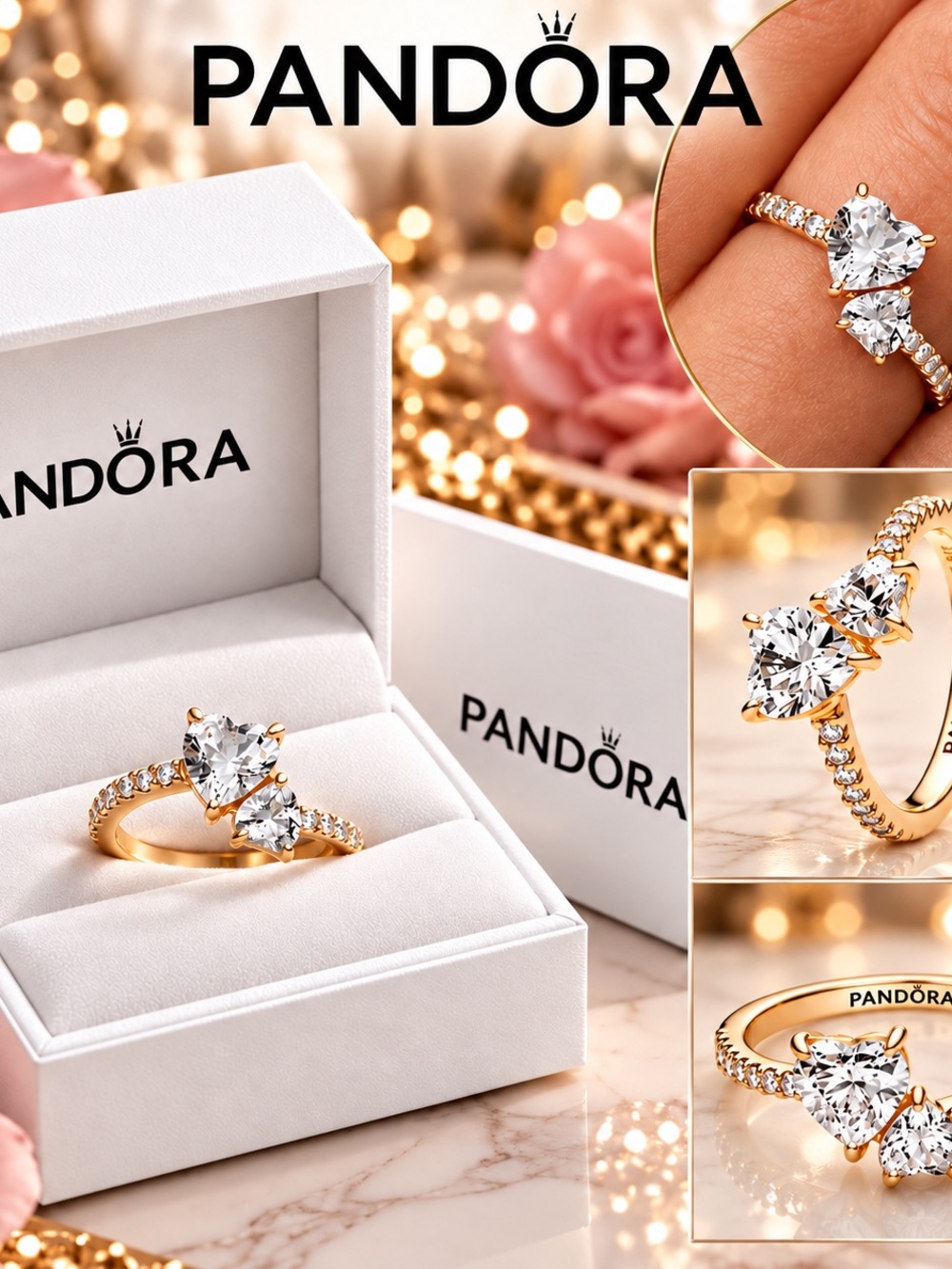 Like New Pandora Gold Double Heart Sparkling Ring size 7 or 54mm